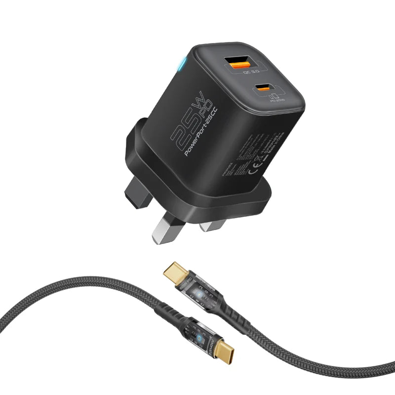 Promate PowerPort-25CC 25W Dual Port Adapter Combo with 60W Fast Charging USB-C Cable