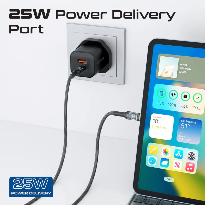 Promate PowerPort-25CC 25W Dual Port Adapter Combo with 60W Fast Charging USB-C Cable