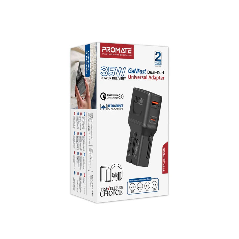 Promate TriPlug-PD35 35W Power Delivery Multi-Port Travel Adapter