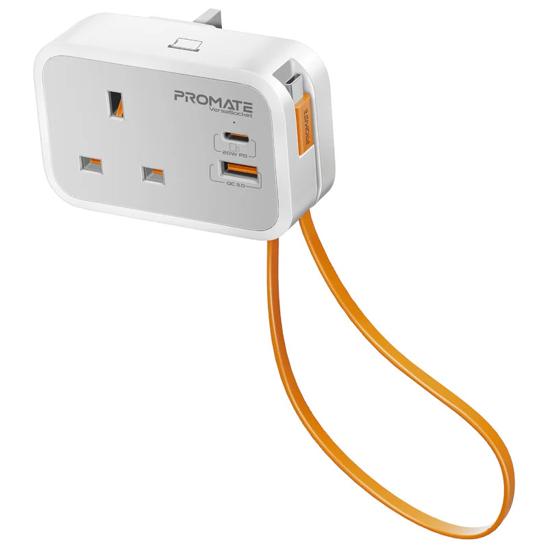 Promate VersaSocket Multi-Function AC Socket Charger with Built-In 20W PD USB-C Cable