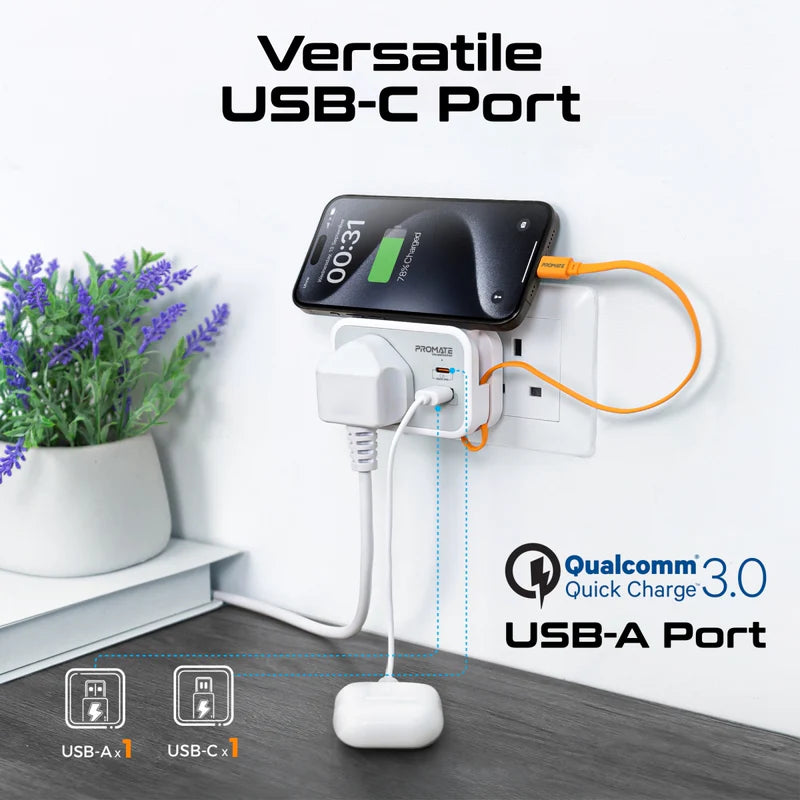 Promate VersaSocket Multi-Function AC Socket Charger with Built-In 20W PD USB-C Cable