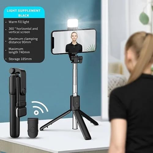 Selfie Stick R1S with Fill Light, All in One Portable Selfie Stick Tripod Phone Holder with Detachable Wireless Remote, Compatible with Android Smartphone &amp; Lightweight