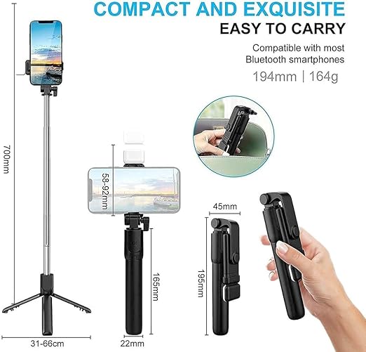 Selfie Stick R1S with Fill Light, All in One Portable Selfie Stick Tripod Phone Holder with Detachable Wireless Remote, Compatible with Android Smartphone &amp; Lightweight