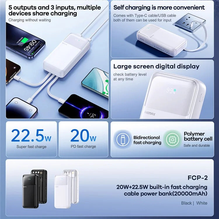 Remax FCP-2 For iPhone / Android 20000mAh Power Bank 20W PD 22.5W QC Fast Charging Built-in Cables