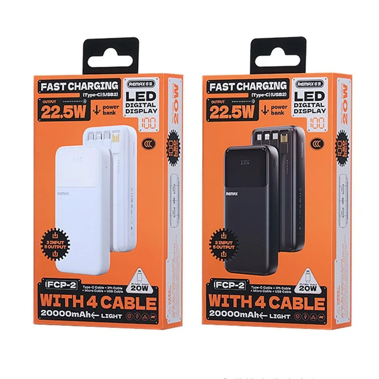 Remax FCP-2 For iPhone / Android 20000mAh Power Bank 20W PD 22.5W QC Fast Charging Built-in Cables