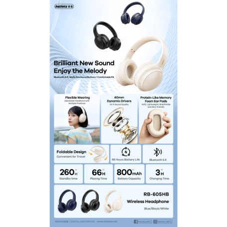Remax RB-605HB 800mAh Foldable Wireless Headphones - 66H Battery Life - 3H Charge
