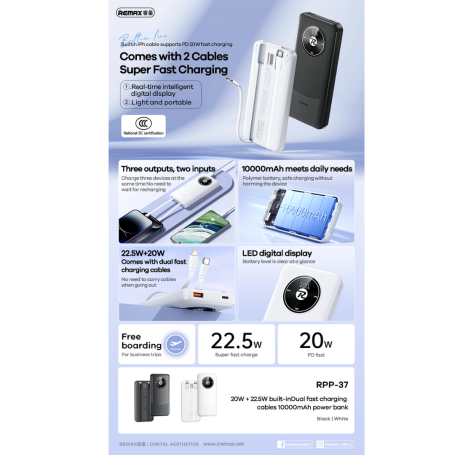 Remax RPP-37 10000mAh Power Bank 20W + 22.5W Dual Fast Charging Built-in Cables For iPhone / Android