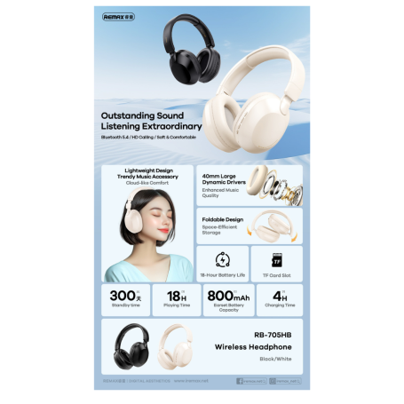 Remax RB-705HB Wireless Headphones Bluetooth-compatible Over-Ear Headset 18H Playtime Long Battery Life