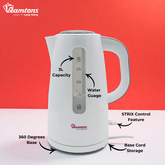 Ramtons RM/567 3L Corded Electric Kettle –Fast Boiling, Energy-Efficient, Durable &amp; Sleek White Kettle Perfect for Homes, Offices, and Everyday