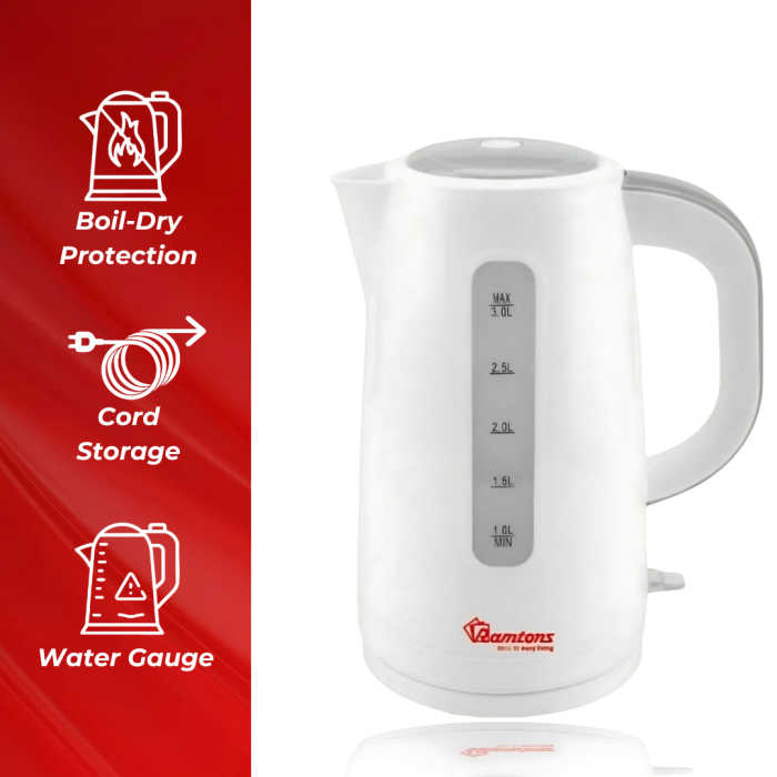 Ramtons RM/567 3L Corded Electric Kettle –Fast Boiling, Energy-Efficient, Durable &amp; Sleek White Kettle Perfect for Homes, Offices, and Everyday