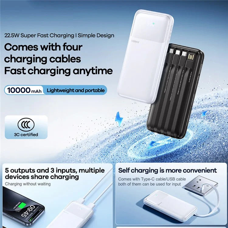 Remax FCP-1 10000mAh Power Bank LED Digital Display 20W + 22.5W Fast Charging Mobile Charger Built-In Cable