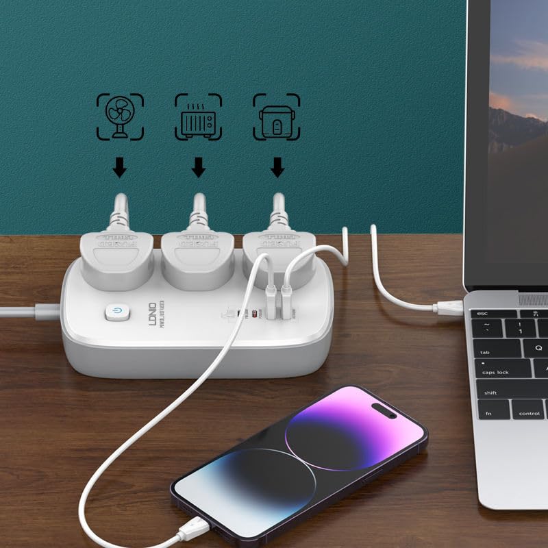 LDNIO SC3416 Universal Socket with 3 AC Outlets, Single Switch Control Extension with 4 USB 3250W Power Strip with 2M Cable