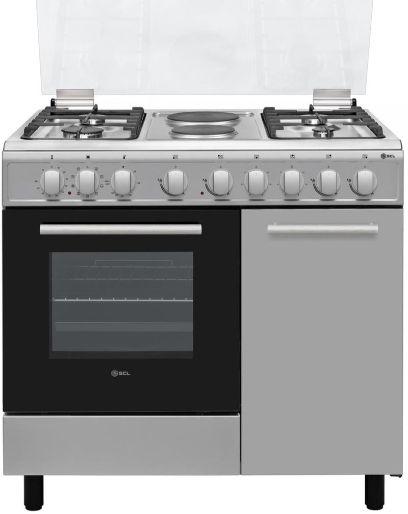 SCL Free-Standing Cooker SCL-FC9642BSI – 90x60 gas burners with electric oven, durable construction, low-noise operation, and energy-efficient performance for modern kitchens.