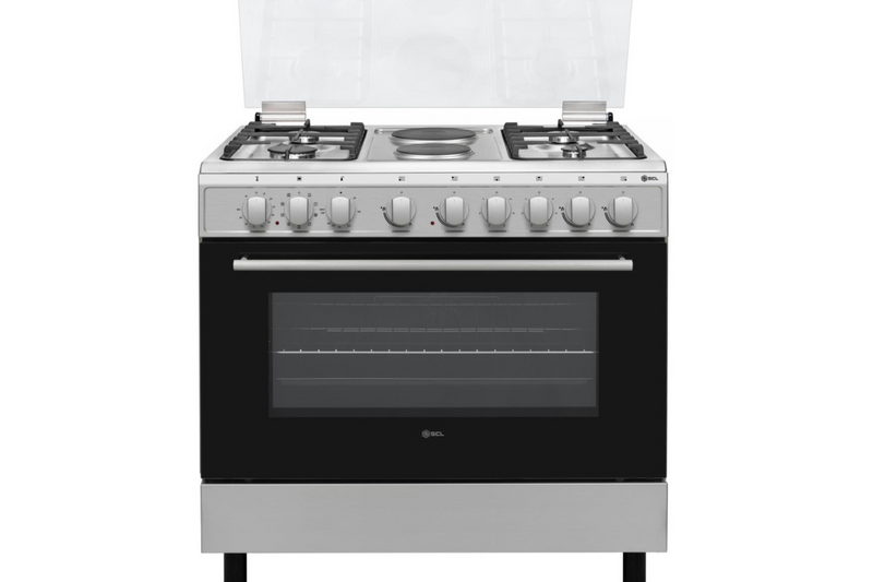 SCL Free‑Standing Cooker SCL‑FC9642WSI – 90×60 cm hybrid cooker with 4 gas burners, 2 electric hot plates, wide multifunction electric oven with turbo fan, cast‑iron supports, and safety flame failure device.