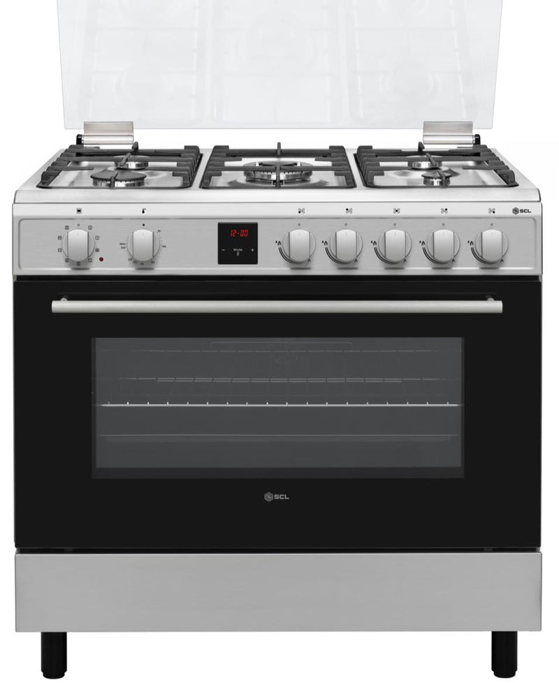 SCL Free‑Standing Cooker SCL‑FC965WSI – 90×60 cm cooker with 4 gas burners, 1 wok burner, wide multifunction electric oven with top &amp; bottom heating + grill + turbo fan, and flame-failure safety.