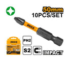 Ingco SDBIM11PH223 PH2 Impact Screwdriver Bits Set (10pcs) – 50mm S2 Industrial Steel, High Visibility Sleeve