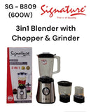 Signature SG-B809 3-in-1 Electric Blender with Chopper &amp; Grinder – 600W Powerful Motor, Stainless Steel Blades, Durable Jars &amp; Multi-Function Design