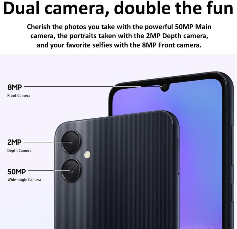 Samsung Galaxy A05 smartphone 4GB/64GB, Android 13 , Camera resolution 50MP F1.8 + 2MP F2.4, Battery5000mAh, Li-Po  Charging 25W wired