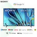 Sony 85S30 85 inch Smart Google TV Bravia 3 2024 4K Ultra HD 60Hz ALLM Frame Dimming HDR10 Dolby Vision (K-85S30)IM1