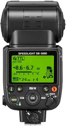 Direct rear view of the Nikon SB-5000 Speedlight featuring the control panel, power switch, menu buttons, and hot-shoe mount lock