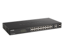 D-Link DGS-1100-26MPV2 24-Port Gigabit PoE Smart Managed Switch front panel showing PoE status LEDs and 2 Combo SFP ports available 