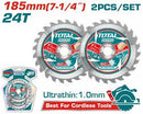 Total TAC2331853 2pcs 185mm (7-1/4") Ultra-Thin TCT Saw Blade Set – Precision Cutting Tool for Wood, Metal & DIY Projects
