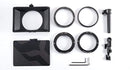 Tilta Mini Matte Box MB-T15 kit layout with carbon fiber flag adapter rings and 15mm rod mount
