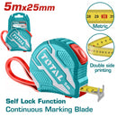 Total TMT126252 5m/16ft Steel Measuring Tape – Durable Locking Mechanism, Clear Metric/Imperial Markings for Precision Measuring