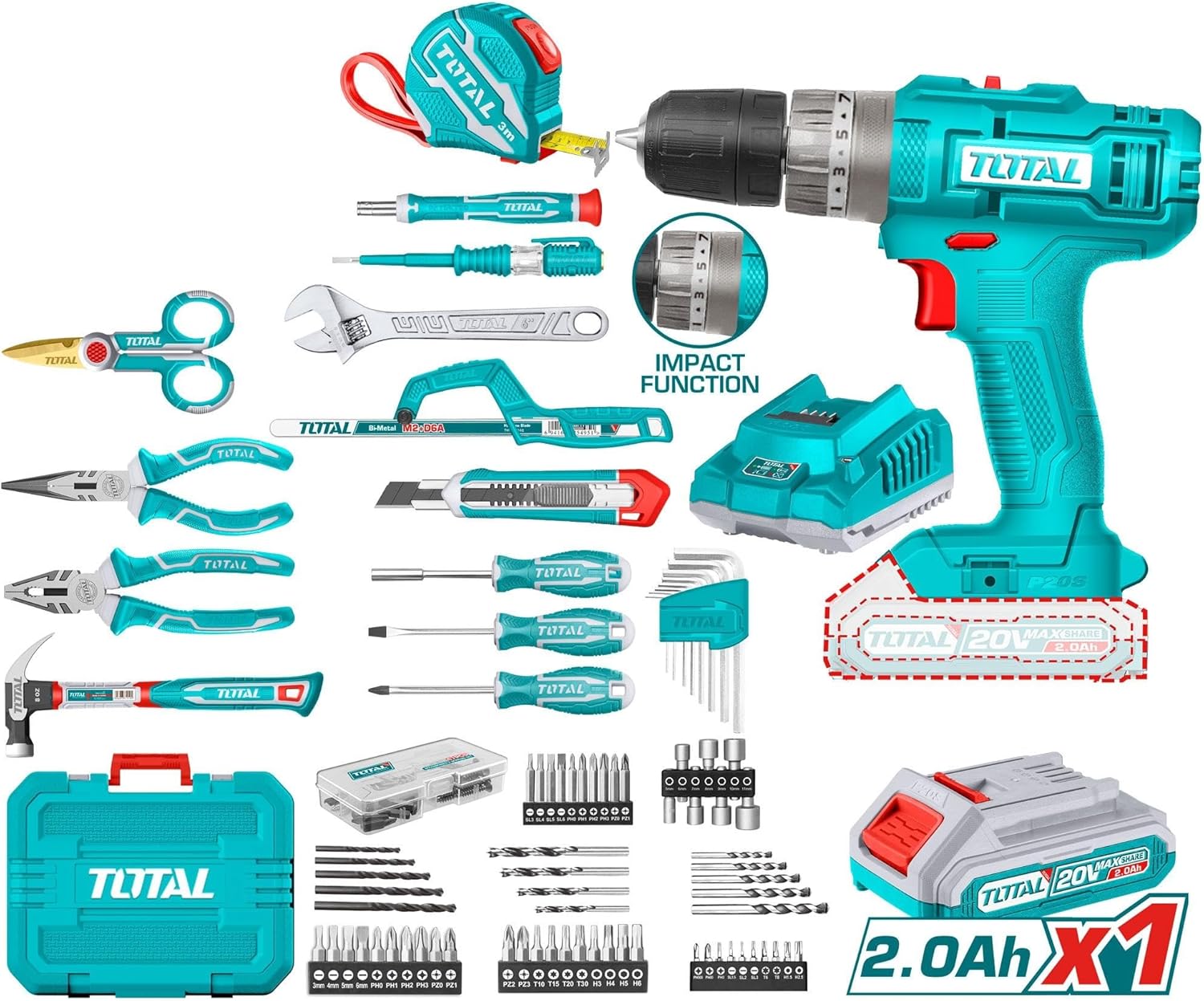 Total THKTHP11652 165 Pcs Tools set with 20V Cordless Impact Drill ...
