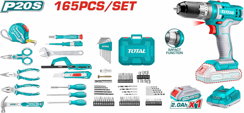 Total THKTHP11652 165 Pcs Tools set with 20V Cordless Impact Drill, Battery & Charger