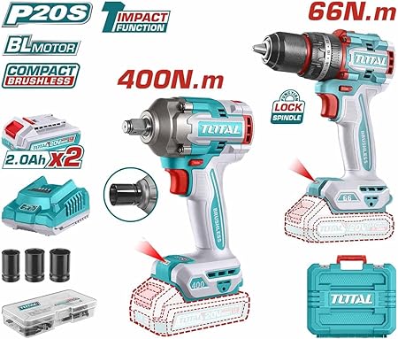 Total TCKLI20275 Cordless 2 pcs combo kit with Compact Brushless Cordless Impact Drill and Cordless Impact Wrench