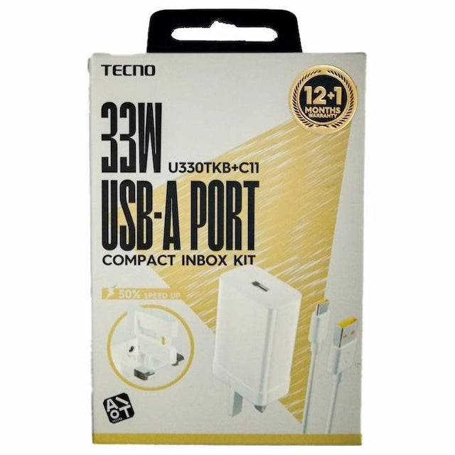 Tecno U330TKB+C11 3x Faster 33W Fast Charger with Type-C Cable