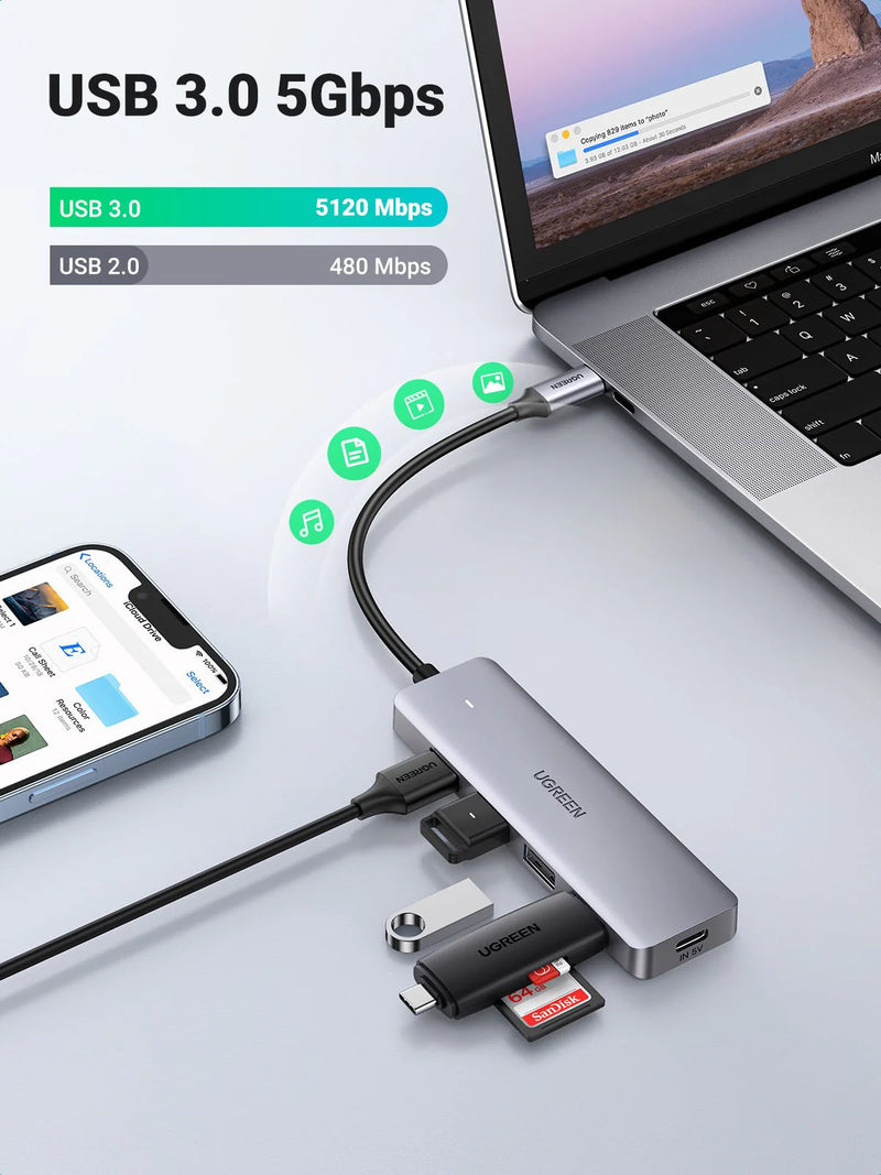 Ugreen 4 Port USB 3.0 Hub CM219 - 4-Port Hub with USB-C & USB-A 2-in-1 interface - 1M Cable – (UG-25851)