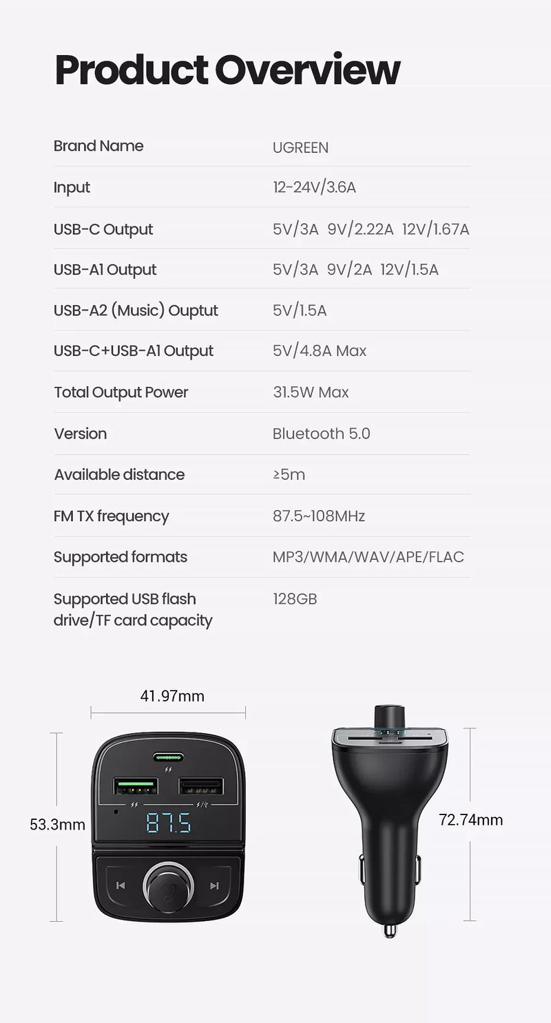 UGREEN Bluetooth Car Charger (5.0+PD+QC3.0+USB Flash Drive+TF) - CD229
