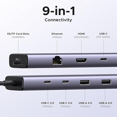 UGREEN CM498 9-In-1 USB-C To 3*USB A 3.0+HDMI+VGA+RJ45 Gigabit+SD/TF/100WPD Converter