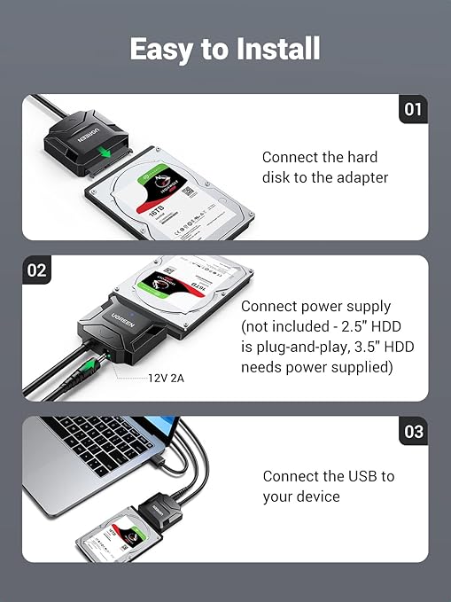 UGREEN CR108 USB 3.0 A To 3.5''/2.5" SATA Adapter Cable with DC 12V 2A Power Adapter	