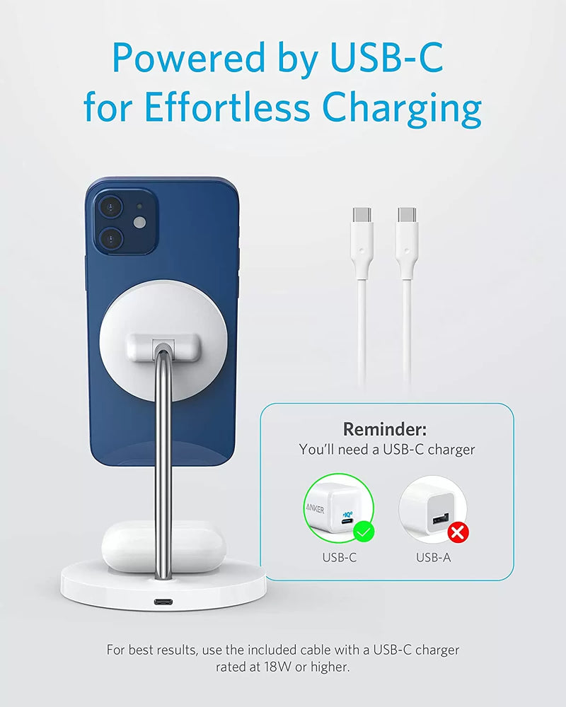 Anker A2543H21PowerWave Magnetic 2-in-1 Wireless Charger Stand with 4 ft USB-C Cable, Wireless Charging Station