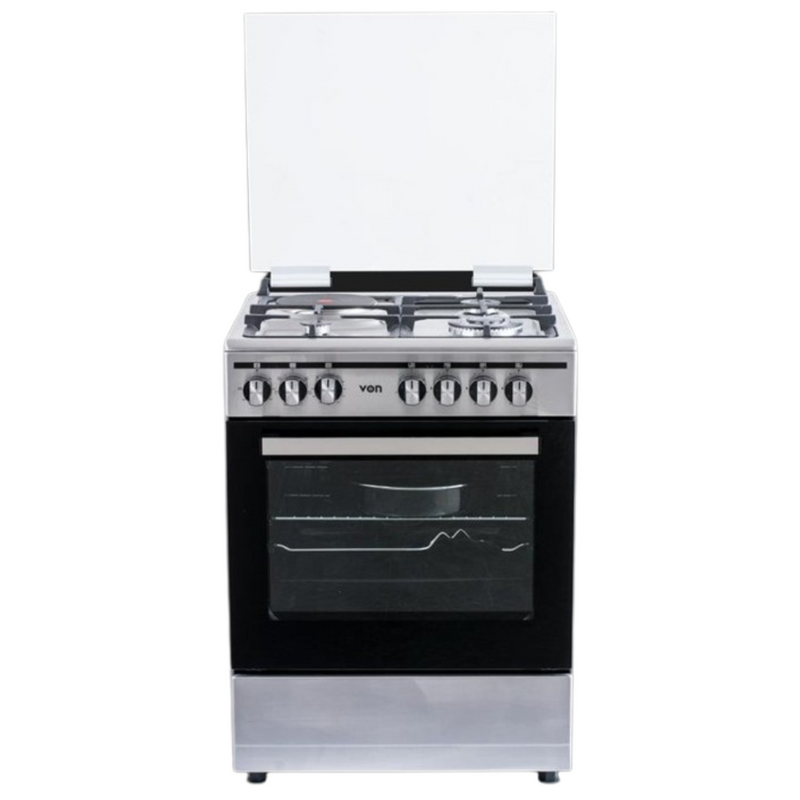 VON VCF663151FSY Freestanding Cooker – 3 Gas + 1 Electric Burners, Durable Enamel Pan Support &amp; Flame Failure Safety Device