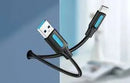 Close-up of Vention USB-A 3.0 and USB-C connectors on 2M black data cable