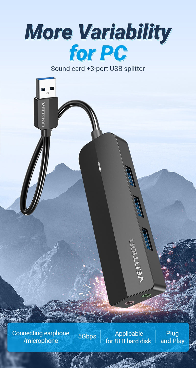 Vention 3-Port USB 3.0 Hub with Sound Card and Power Supply 