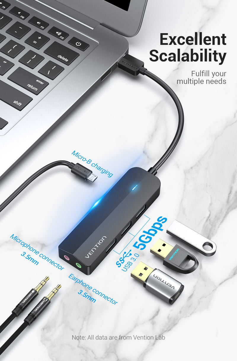 Vention 3-Port USB 3.0 Hub with Sound Card and Power Supply 