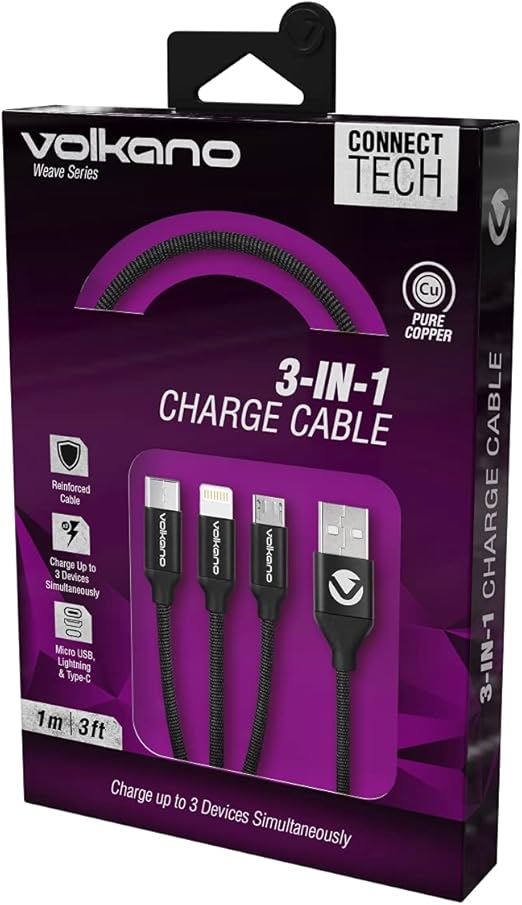 Volkano VK-20111-BK Weave Series Fabric Braided 3 In 1 Type-C/Lightning/Micro Cable