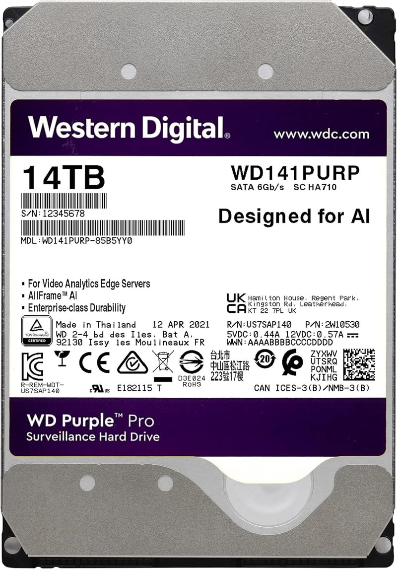 WD Purple Surveillance 14TB, 512MB SATA Internal Hard Drive  - WD140PURZ