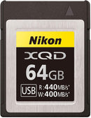 Front view of Nikon 64GB XQD memory card showing 440MB/s read and 400MB/s write speeds, available at Digital Store in Nairobi Kenya