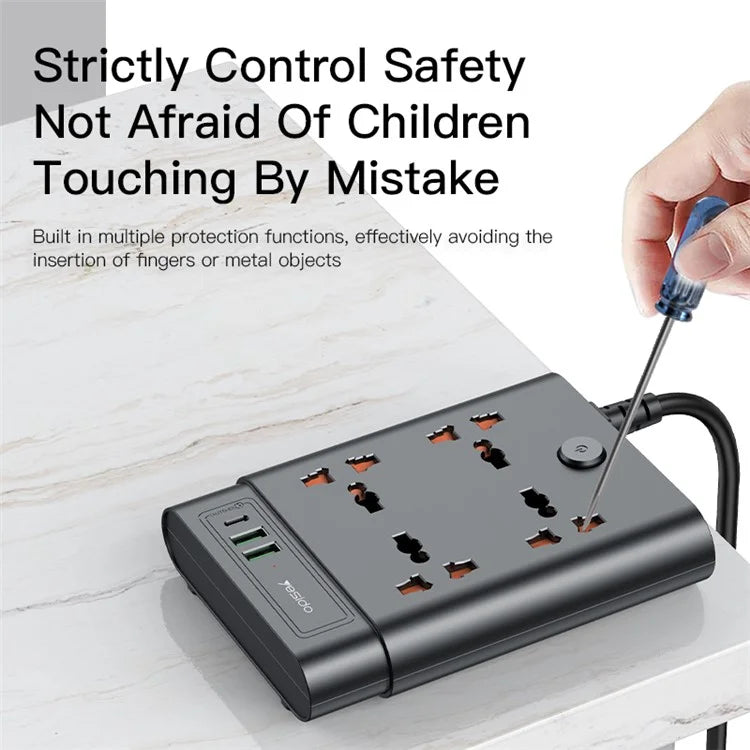 YESIDO MC11 2650W Power Strip 4 UK Sockets + PD + 2 USB Ports Multifunction Power Socket