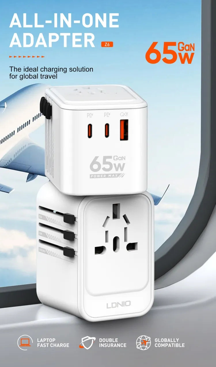 Ldnio Z6 Worldplug All in One Travel Charger, 3 USB Ports, 65W GaN Travel Multi Plug Adapter with Type C Charging