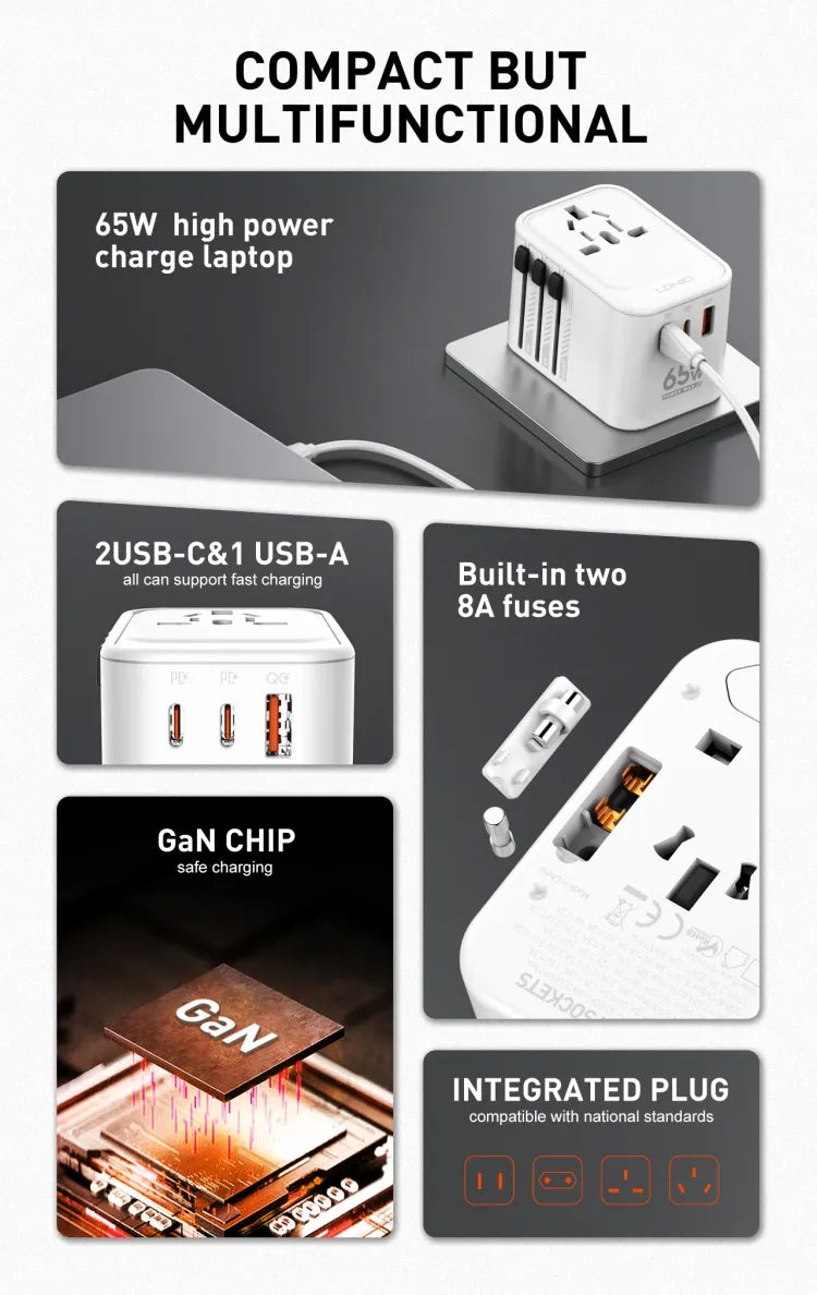 Ldnio Z6 Worldplug All in One Travel Charger, 3 USB Ports, 65W GaN Travel Multi Plug Adapter with Type C Charging