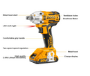 Powerful 300Nm Torque Output: Delivers strong fastening and loosening power for bolts, nuts, and automotive applications.
High-Performance 20V Li-Ion Battery: Long-lasting rechargeable battery ensures consistent power and extended run time.
Cordless Convenience: Enjoy full mobility and freedom from power cords — ideal for on-site or outdoor work.
Durable Brushless Motor: Provides higher efficiency, reduced maintenance, and longer tool life.
Variable Speed Control: Allows precise control for different fasten