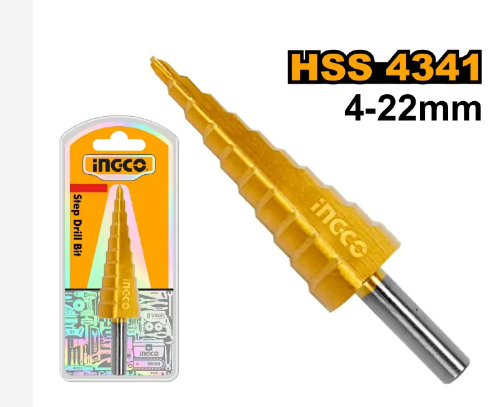 Ingco Step Drill Bit AKSDS42203 – HSS 4–22mm Titanium Coated Step Bit for Metal, Wood &amp; Plastic