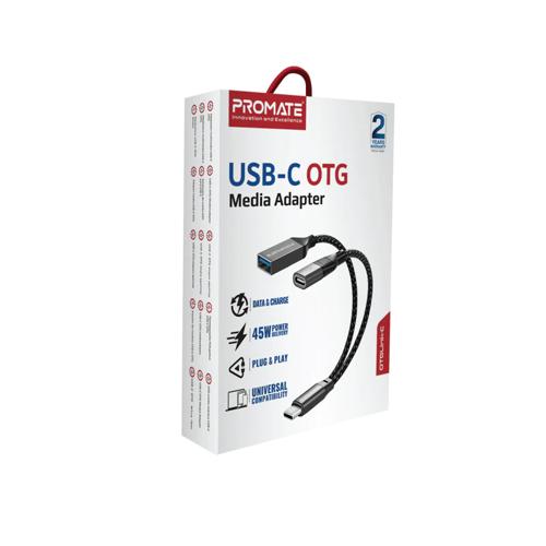 Promate USB-C OTG Media Adapter (OTGLink-C)-45W Power Charging Bridge, 480Mbps Data Transfer Speed, Corrosion Resistant Connectors